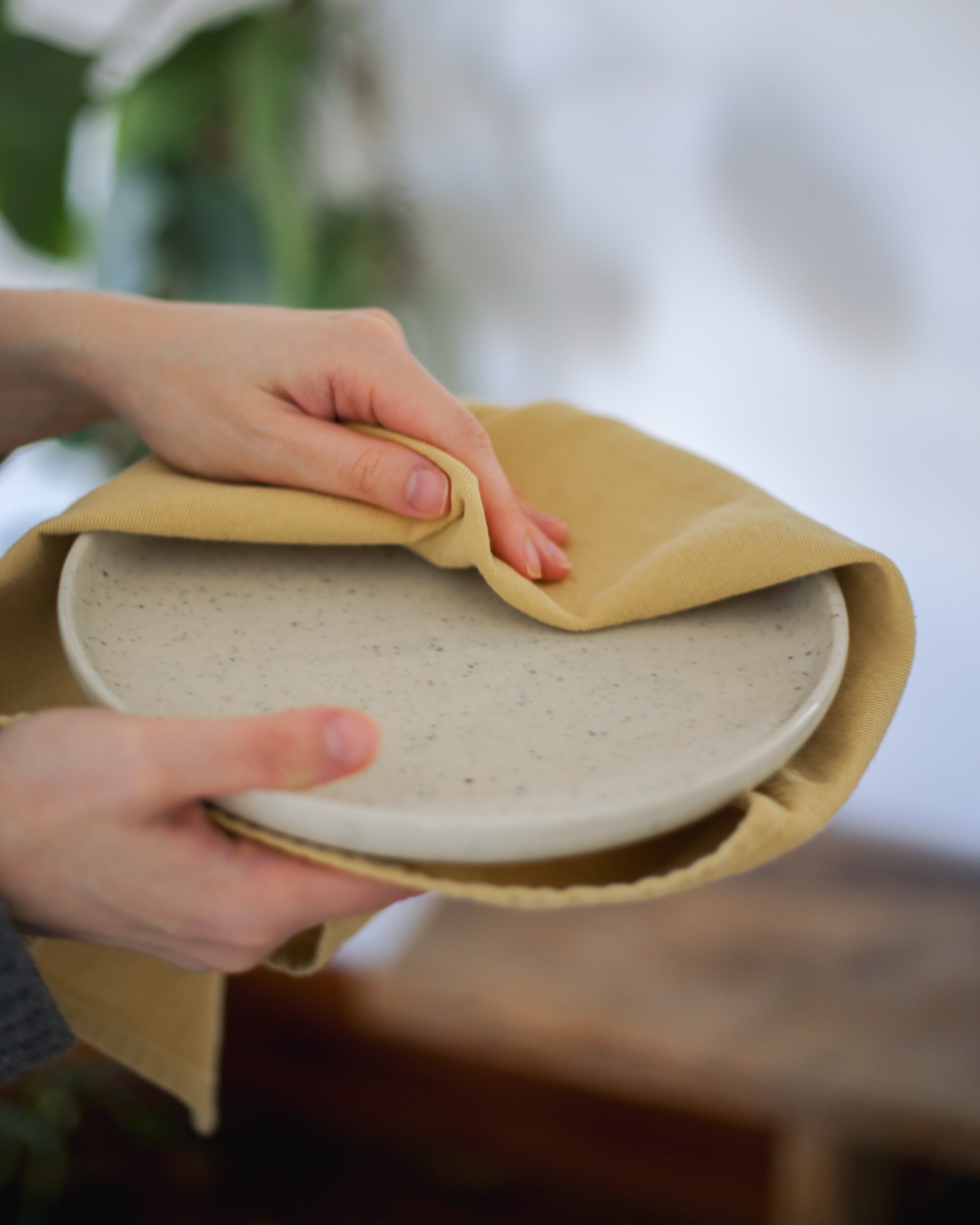 Person holding a ceramic plate with a yellow cloth