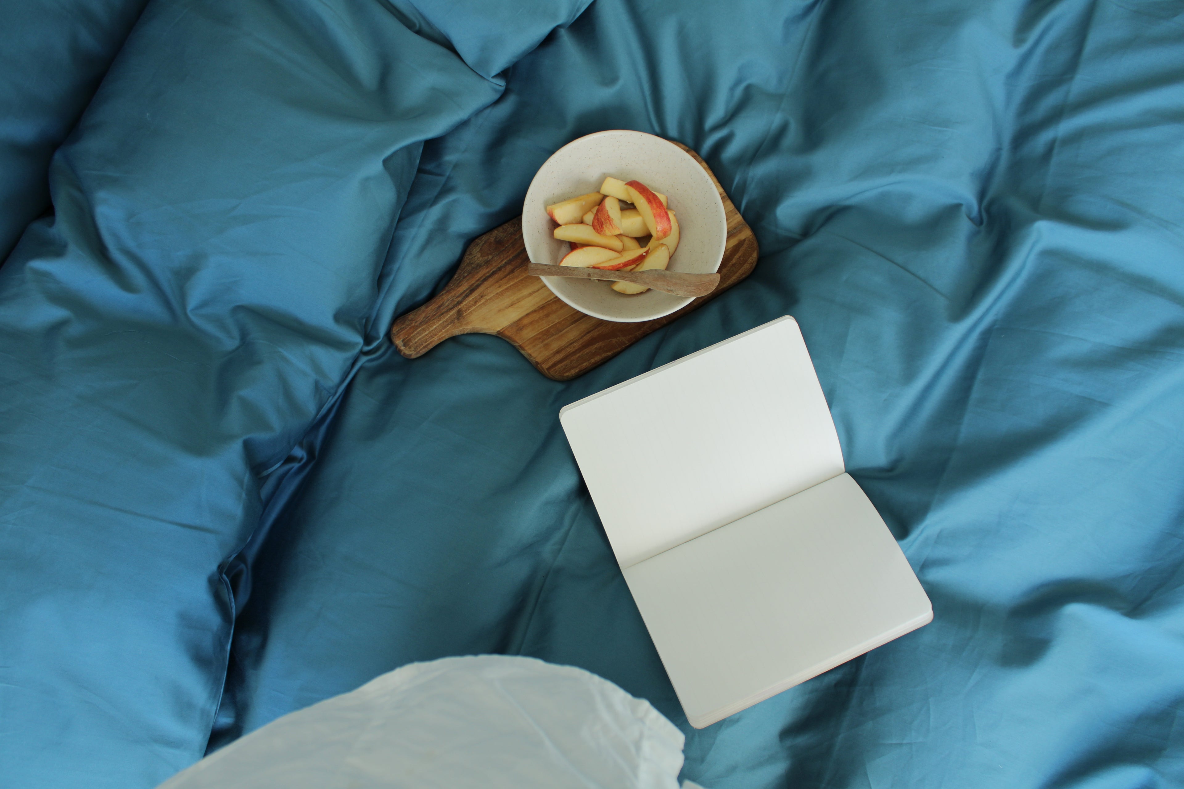 Open book and bowl of fruit on a blue bedspread