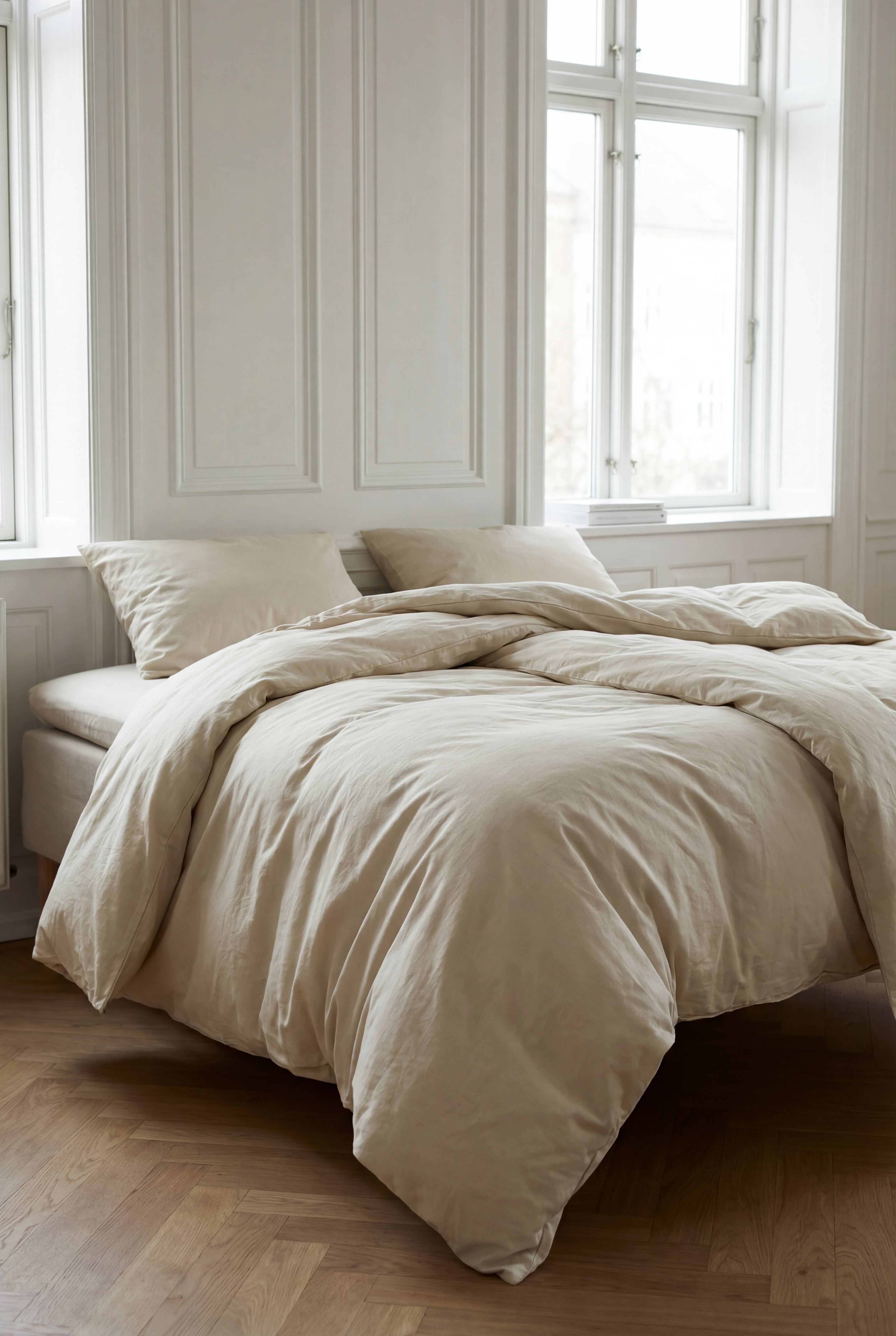 Beige comforter on a bed in a room with large windows and white walls.
