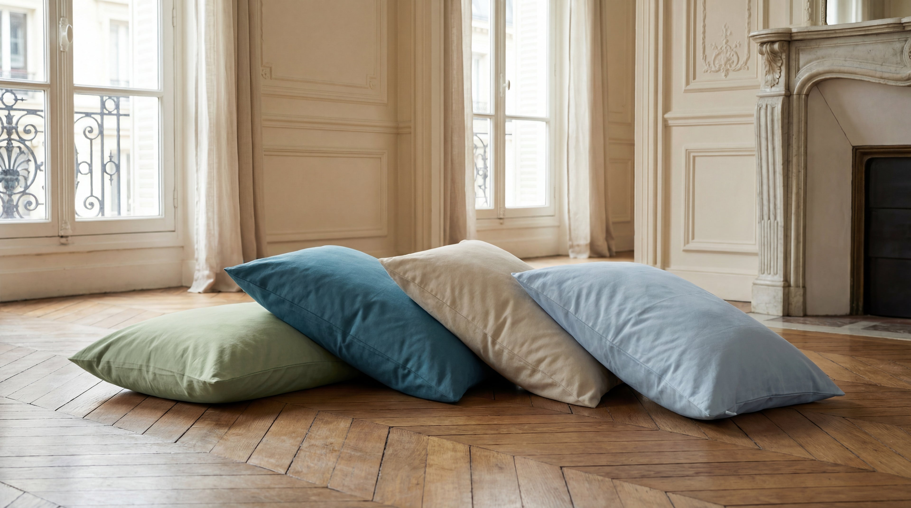 Four pillows in green, blue, beige, and gray on a wooden floor with large windows and a fireplace in the background.